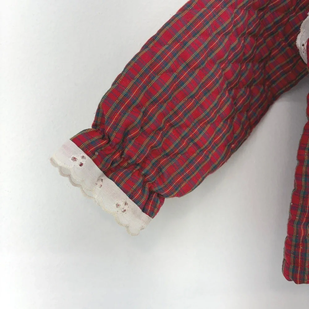 Vintage Doe-Spun Toddler Girls Red Plaid Quilted Hooded Jacket Lace Trim 24M